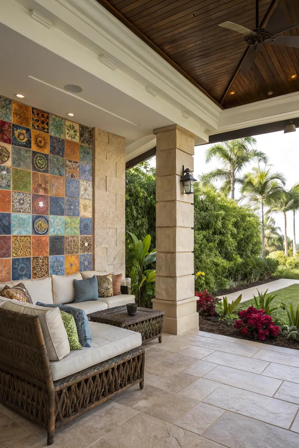 A showcase wall infuses personality and style to this lanai.