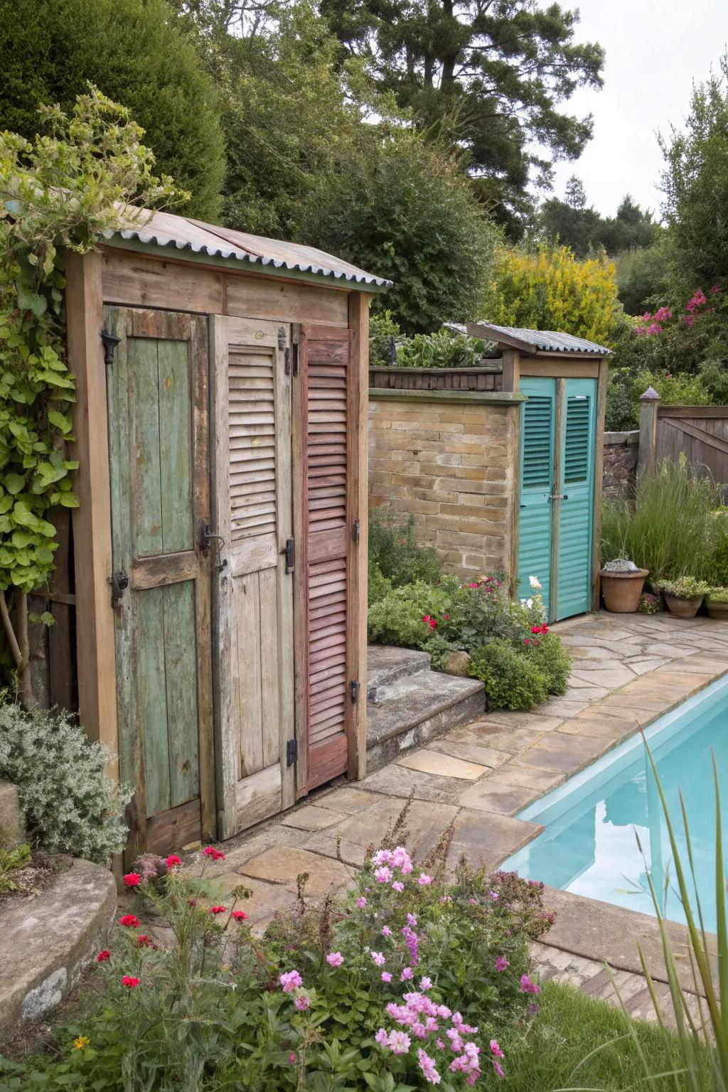 Repurposed finds offer an eco-friendly and creative solution for hiding pool equipment.
