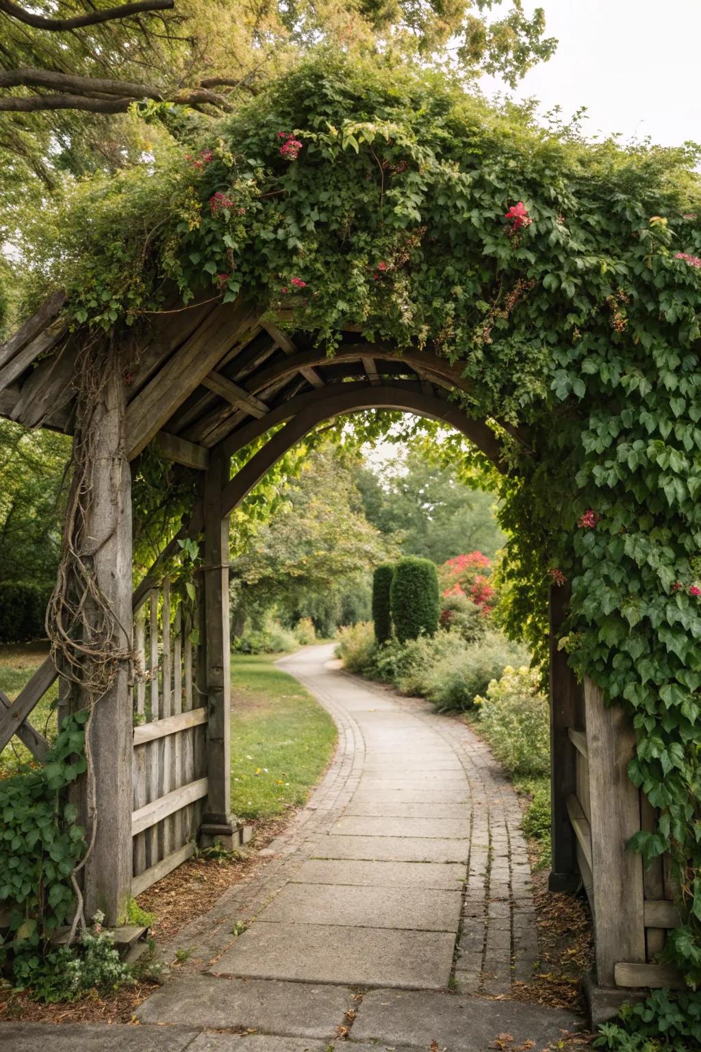 Timber archways infuse elegance at garden entrances.