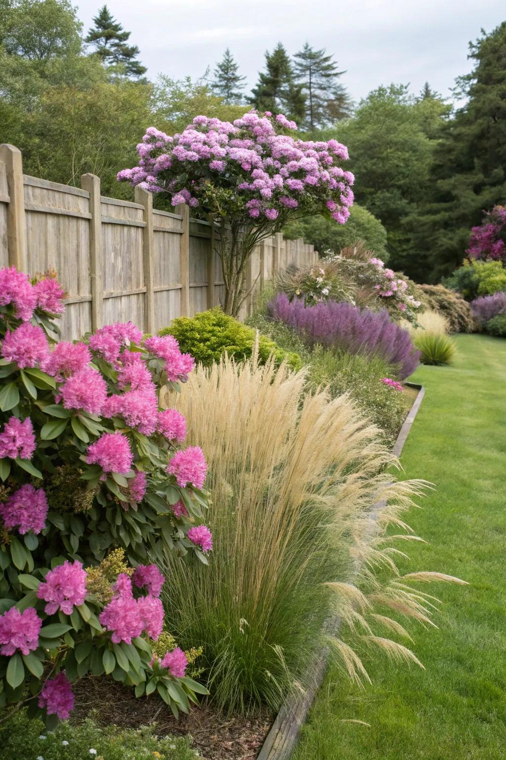 Rhododendrons and reeds delivering texture and motion.