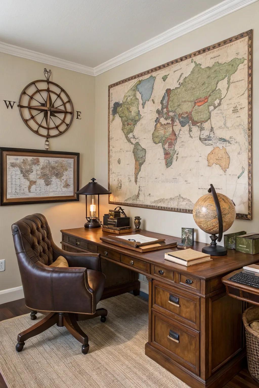 Vintage map art adds an adventurous and worldly feel to the space.