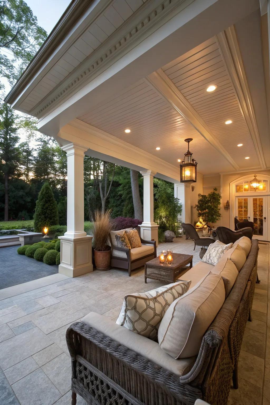 A sheltered patio featuring ample sized crown shaping, fashioning an outdoor prolongation of indoor elegance.