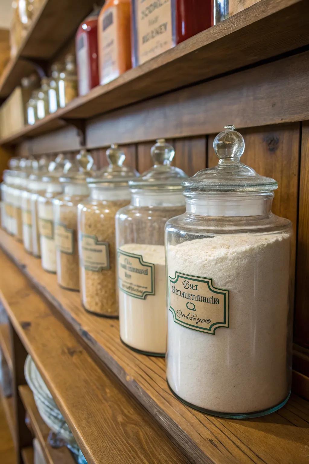 Vintage apothecary jars add charm and nostalgia to your laundry setup.