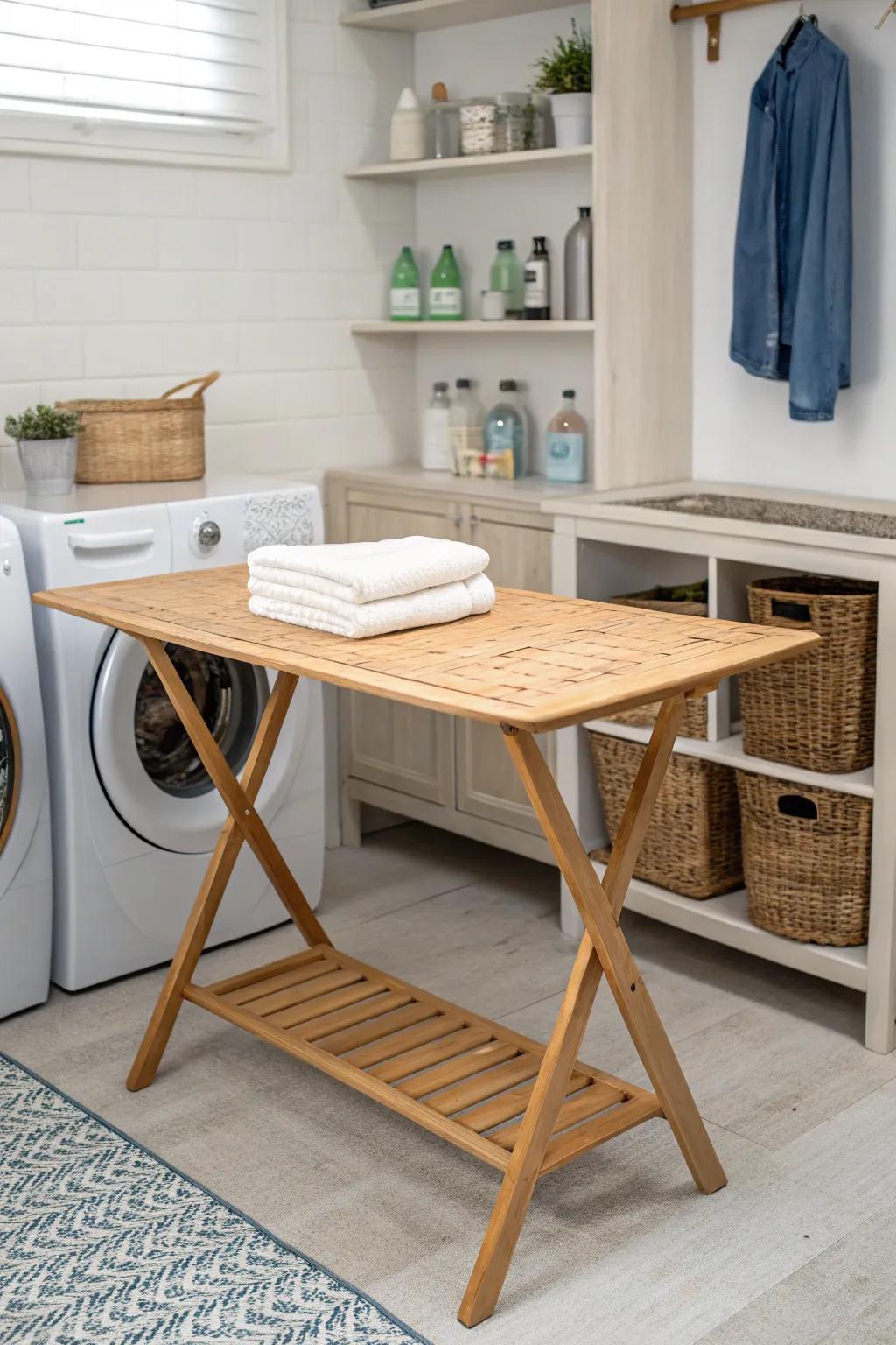 A bamboo table offers sustainability and style.