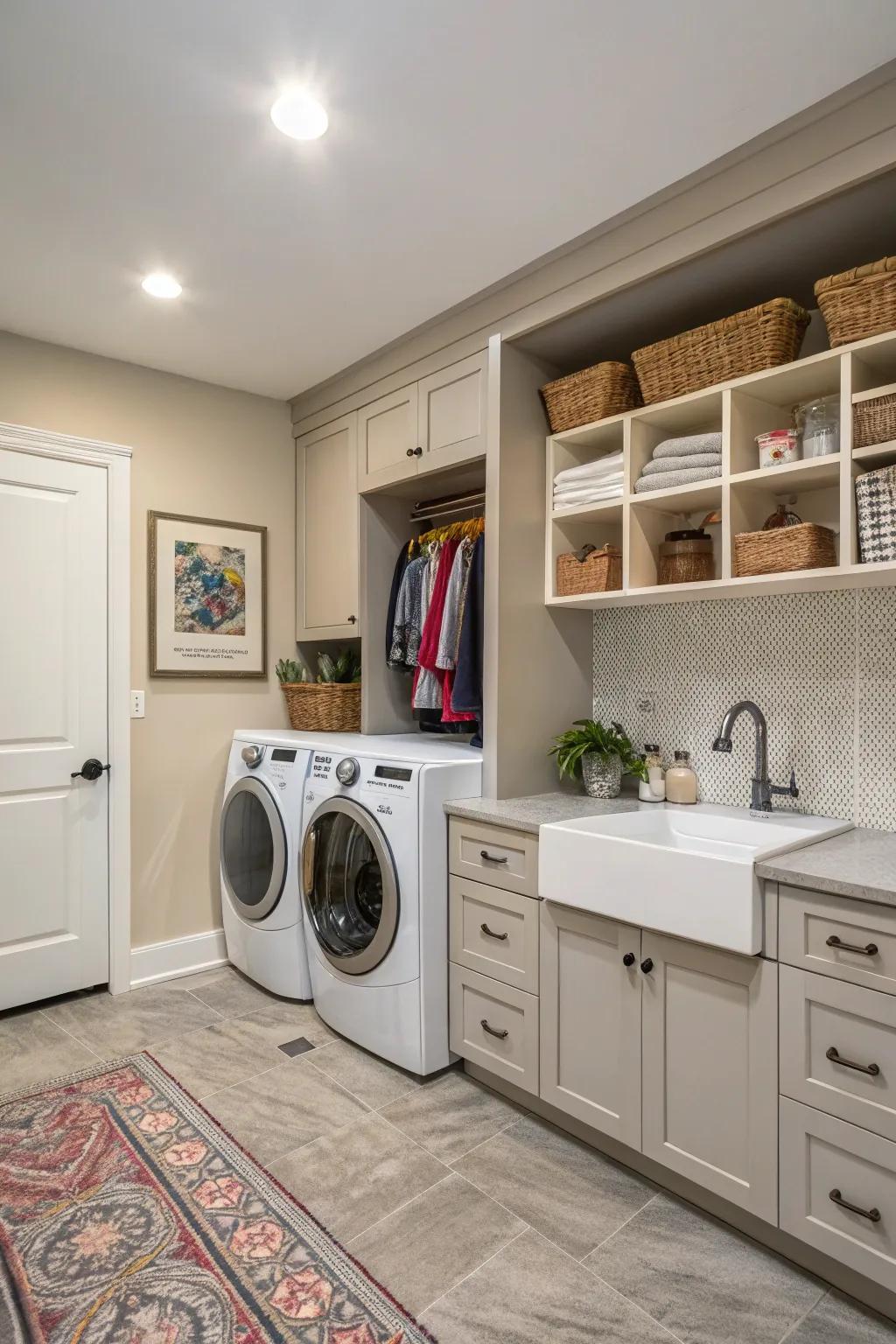 Multi-functional cabinets connect laundry and mudroom functions seamlessly.