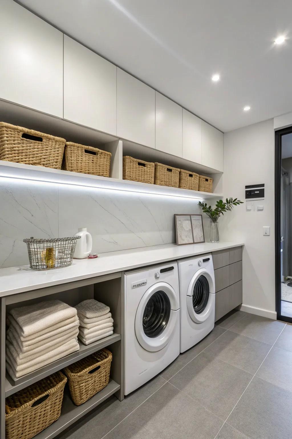 Minimalist design with floating countertops in the laundry room.