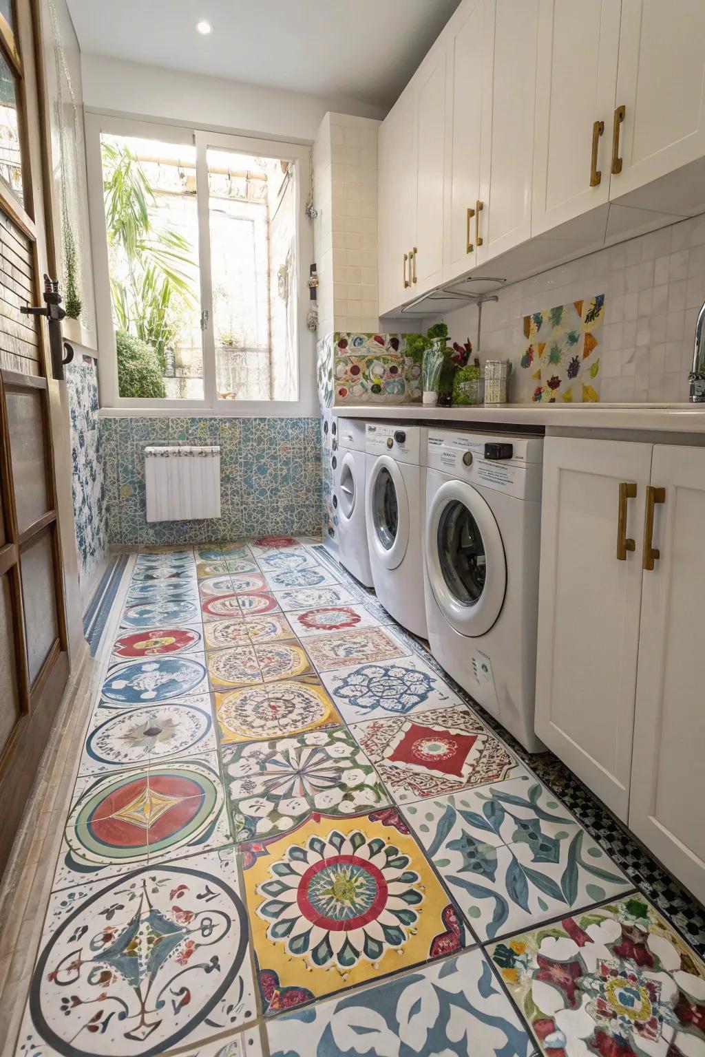 Mosaic tiles share unique stories on the laundry area floor.