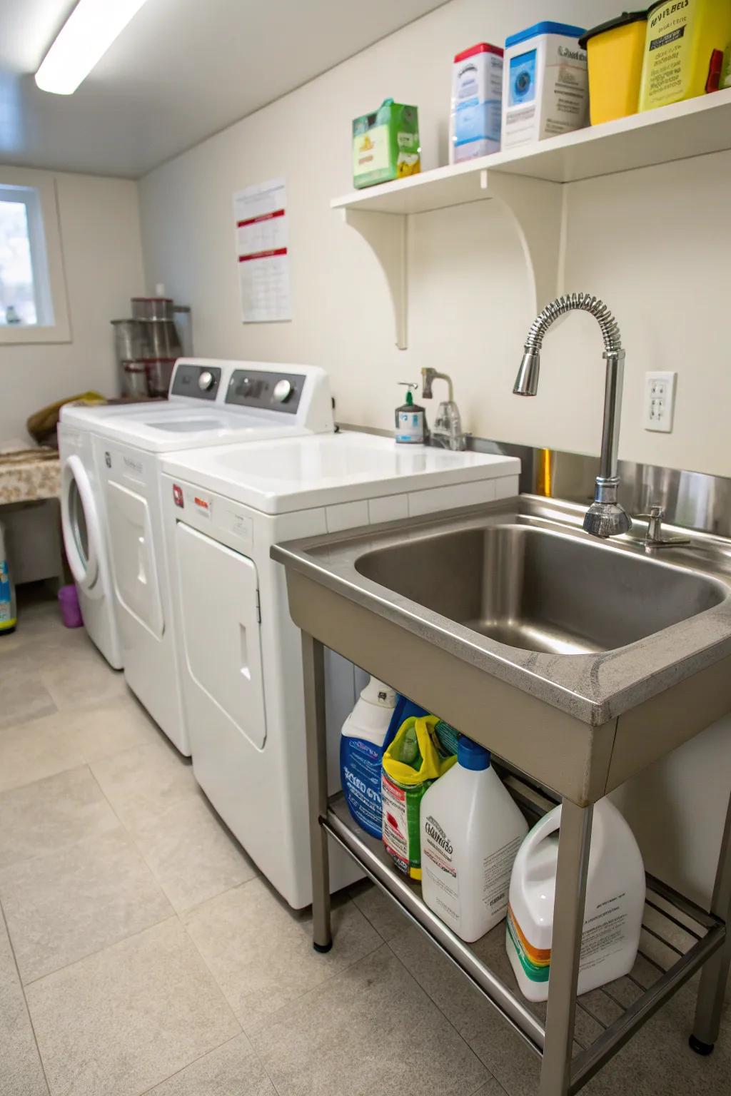 A small wash basin adds convenience for delicate laundry tasks.