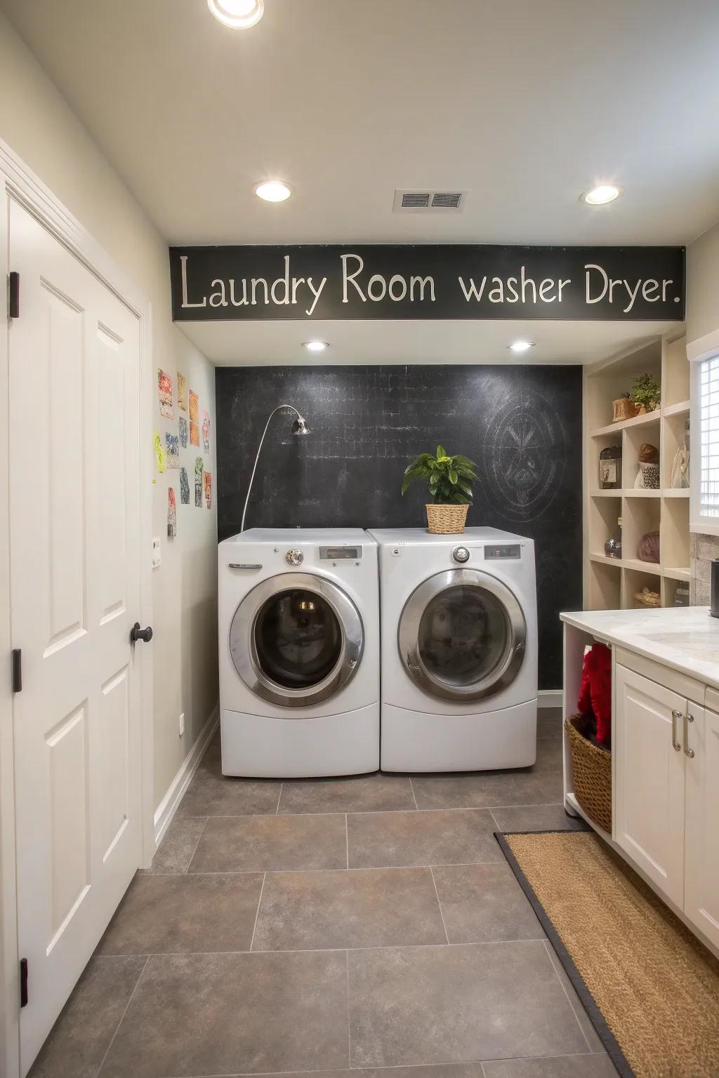A chalkboard wall contributes a playful and functional touch.