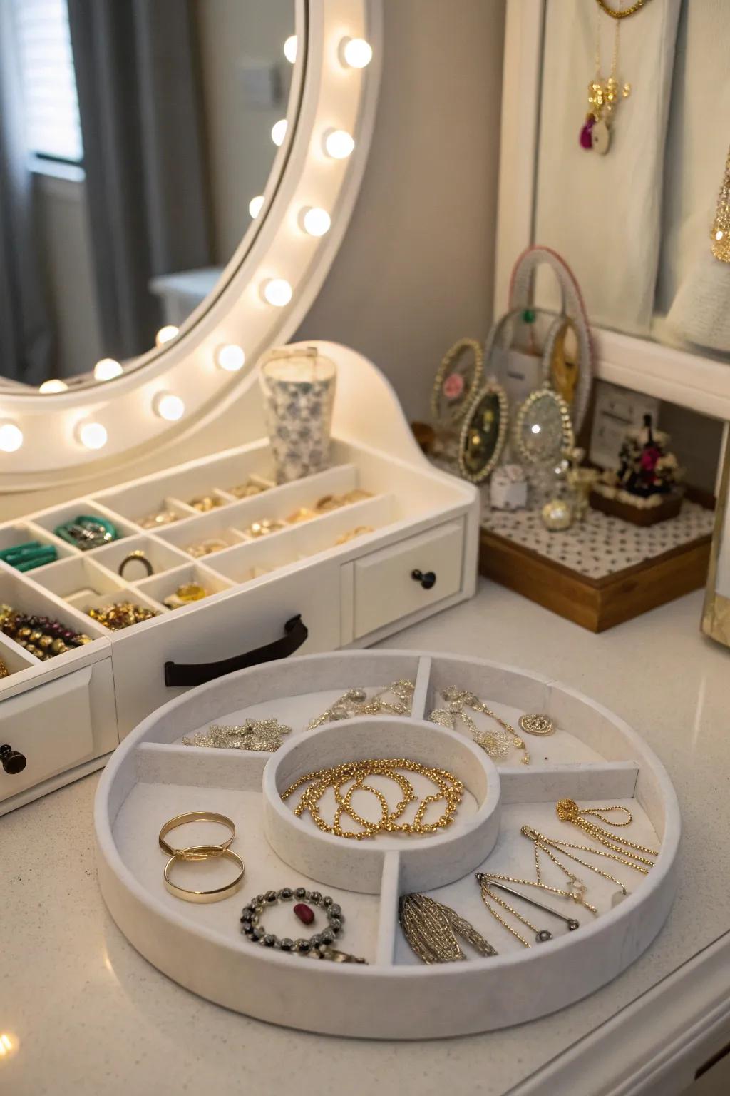 Display and access jewelry easily with a turntable organizer.