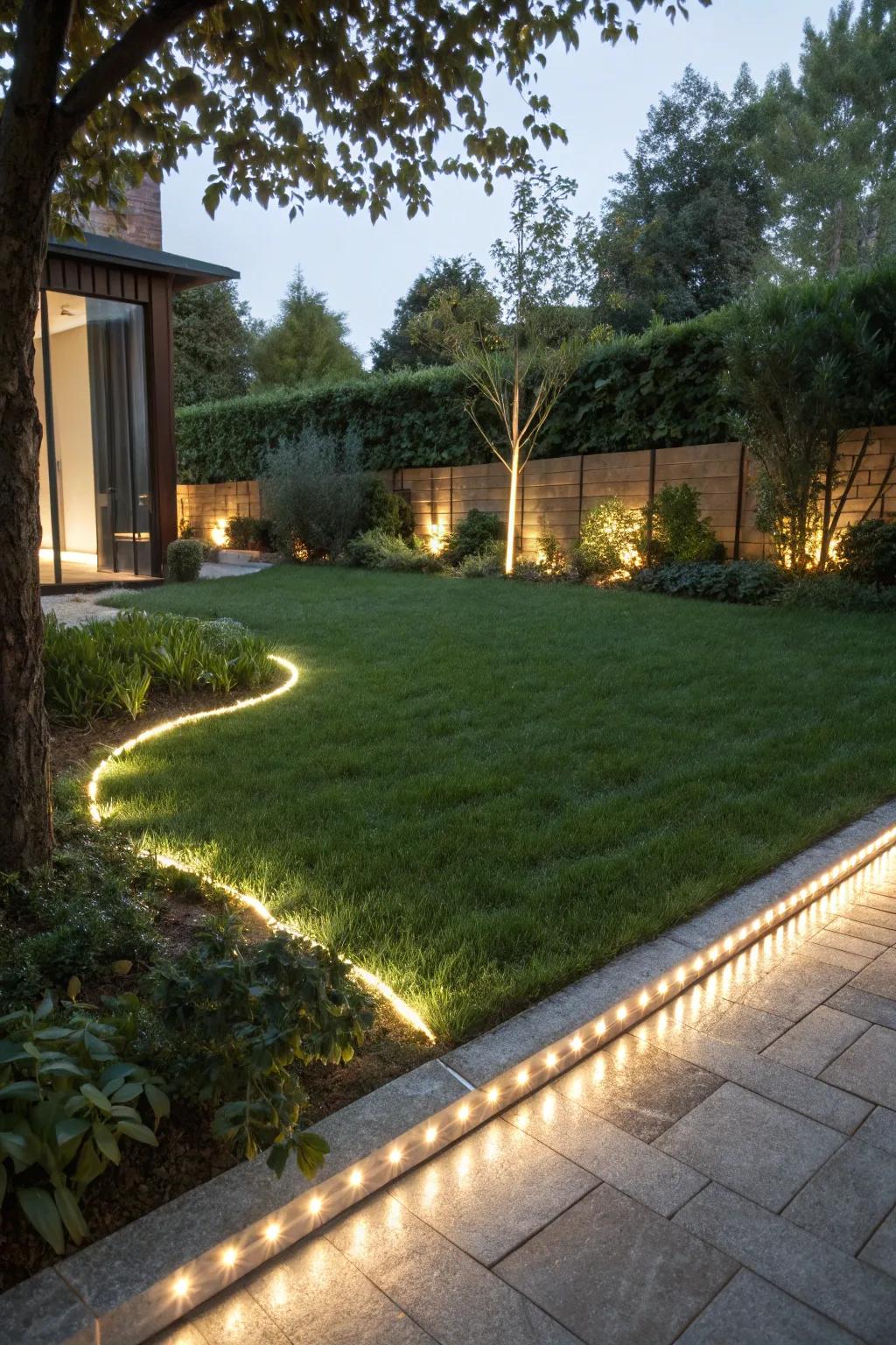 Elegantly surrounded lawns showcasing LED ribbon lighting.