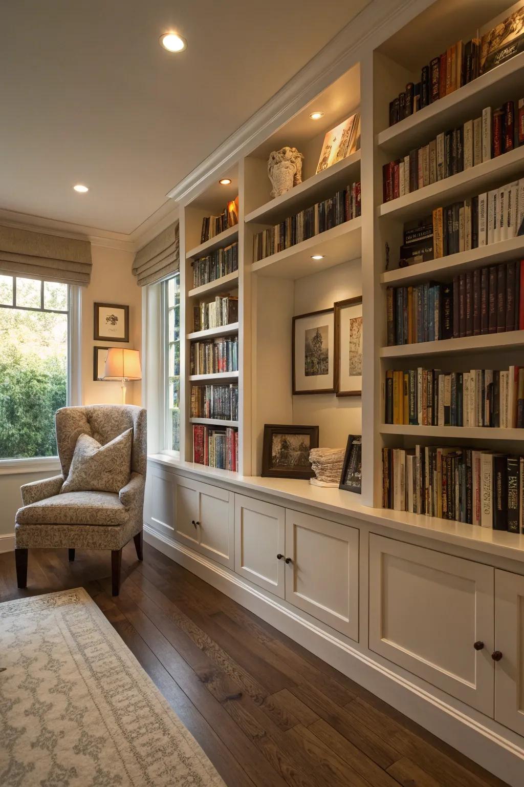 Integrated shelving providing a seamless, integrated library design.