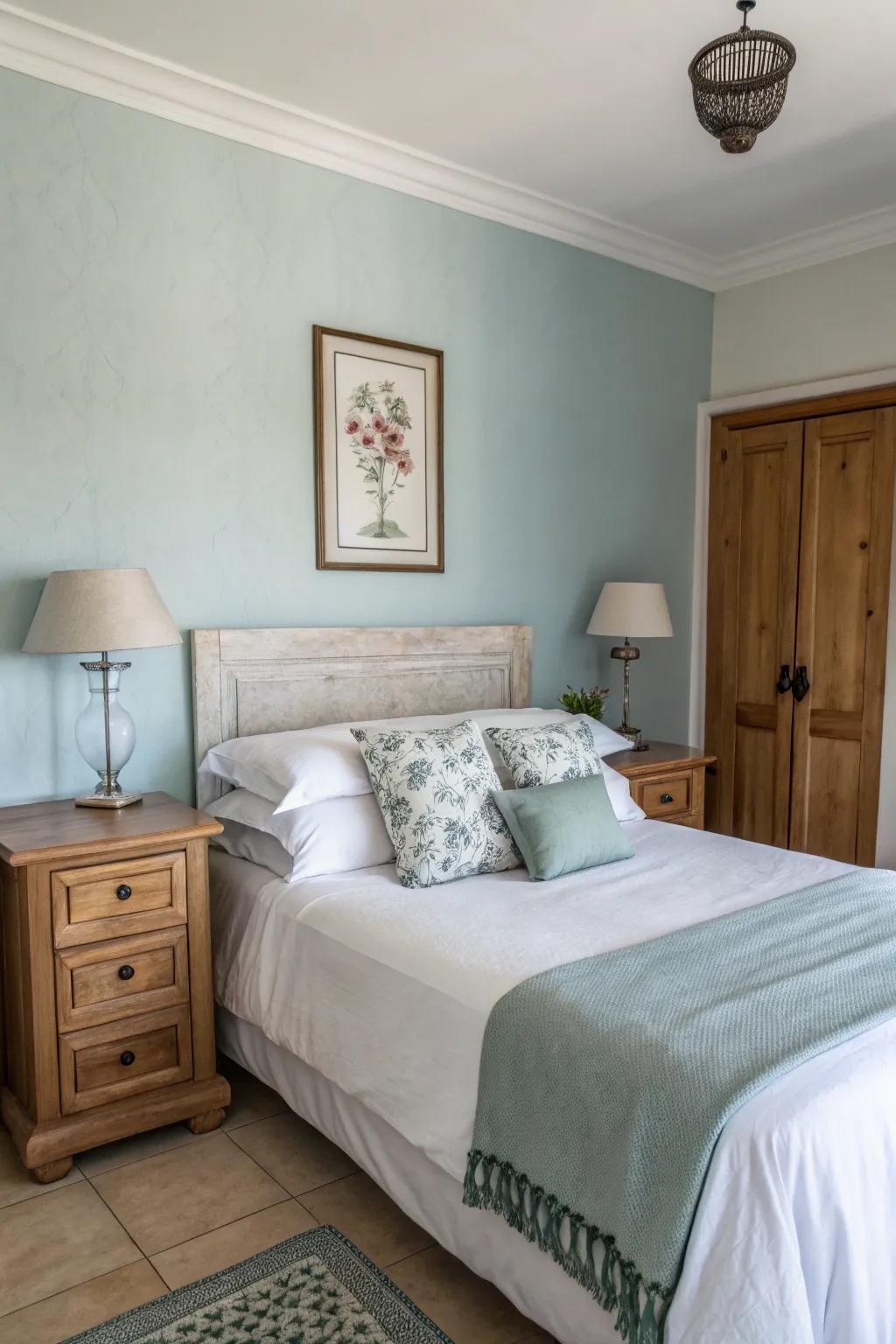 An elegant bedroom with light blue walls and minimal decor for a clean look.