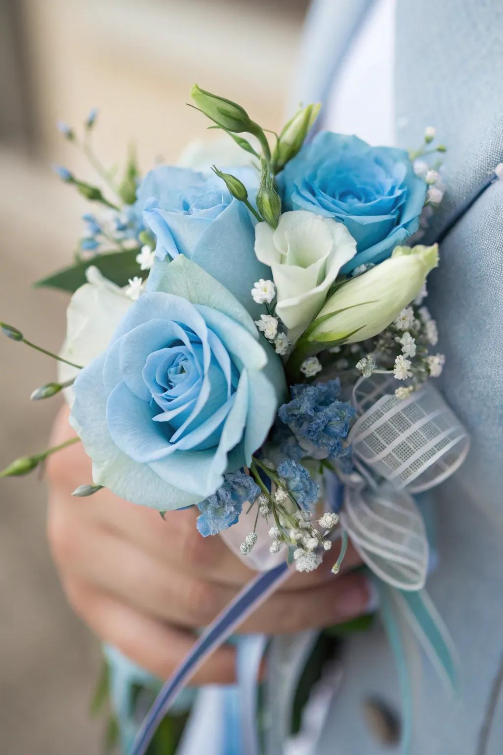 Elegant bodice blossom showcasing azure trumpet flowers.