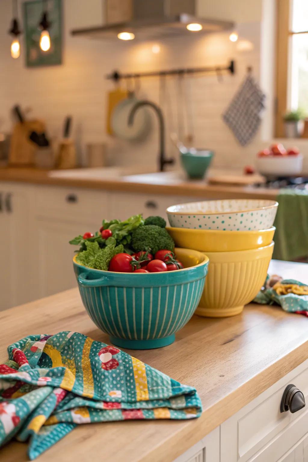 Infuse your kitchen with personality using colorful accents and add-ons. <strong><em>Experience the playful vibe!</em></strong>&rdquo; loading=&rdquo;lazy&rdquo; class=&rdquo;pimg&rdquo;>
	</picture><figcaption>Infuse your kitchen with personality using colorful accents and add-ons. <strong><em>Experience the playful vibe!</em></strong></figcaption></figure>
<p>Introduce a color splash through kitchen add-ons like vibrant dish towels or colorful bowls. This enriches a playful element without overpowering the serene delicate tan setting.</p>
<h3>Check these products out:</h3>
<ul class=
