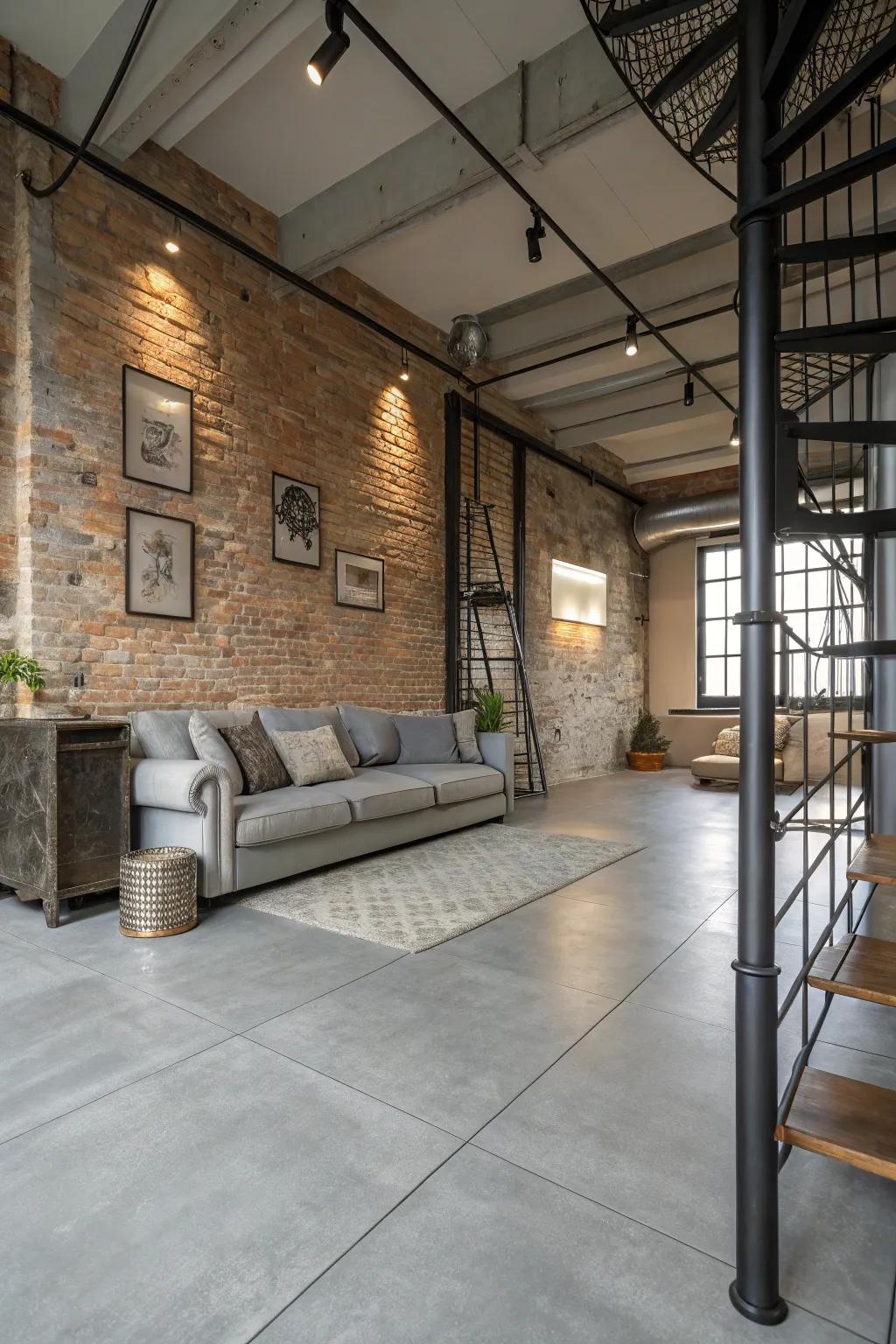 An edgy industrial living room with light grey flooring.