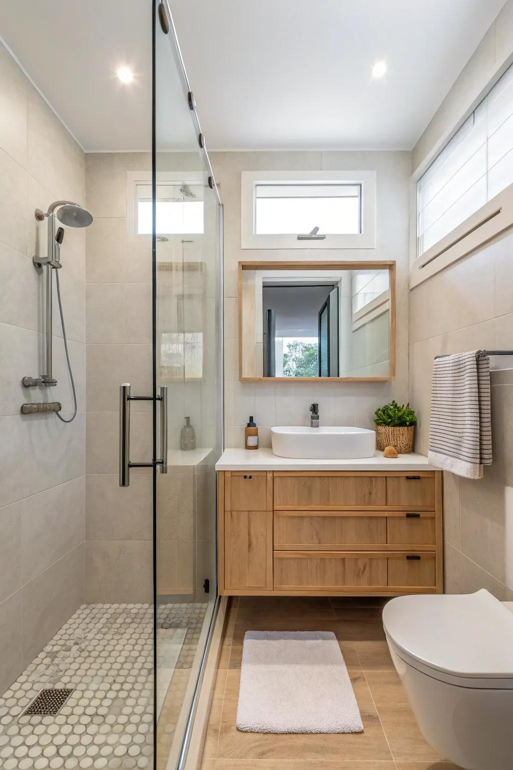 A borderless shower wall enhances openness in a small bathroom.