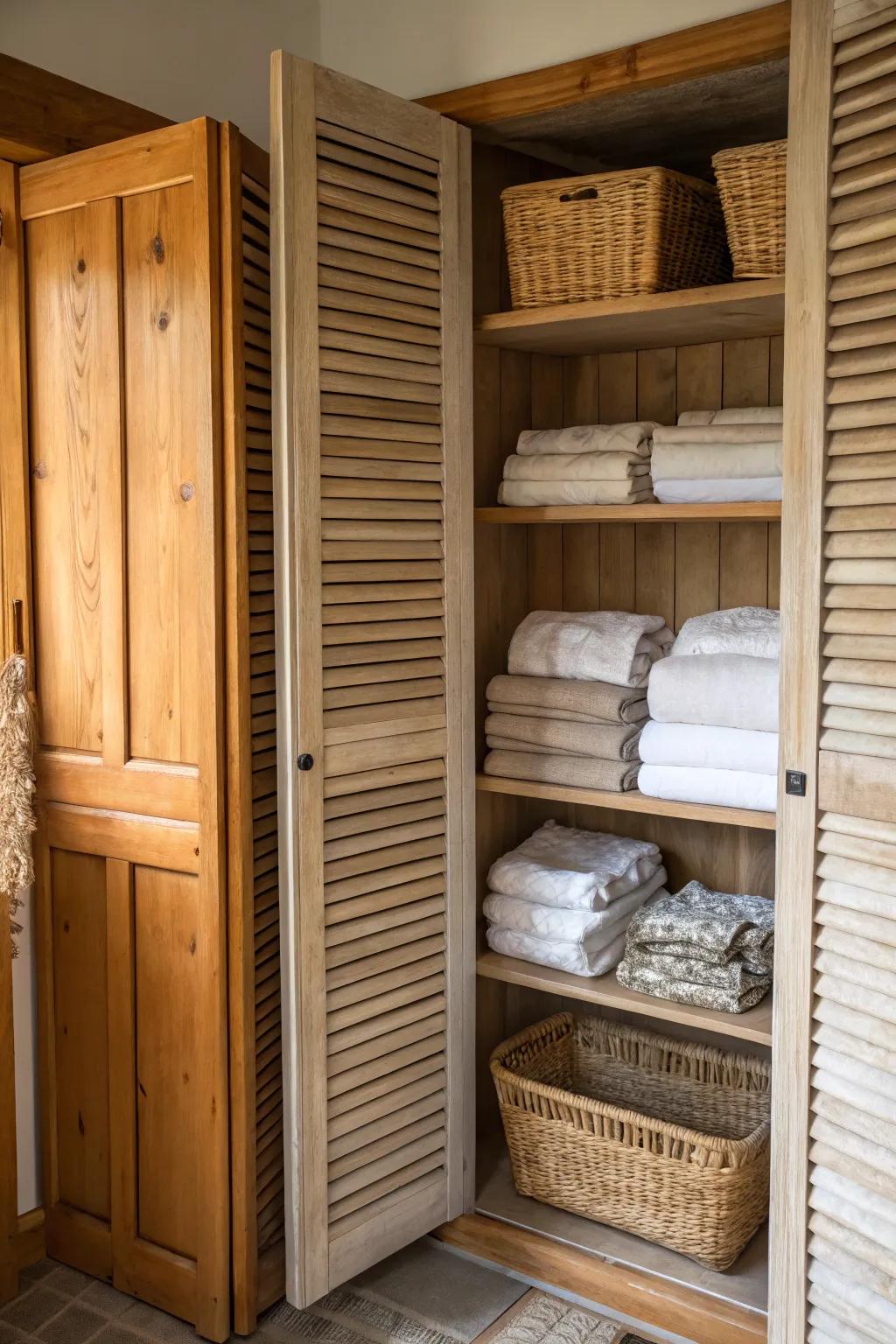 Reclaimed dampers add charm and history to a linen closet.