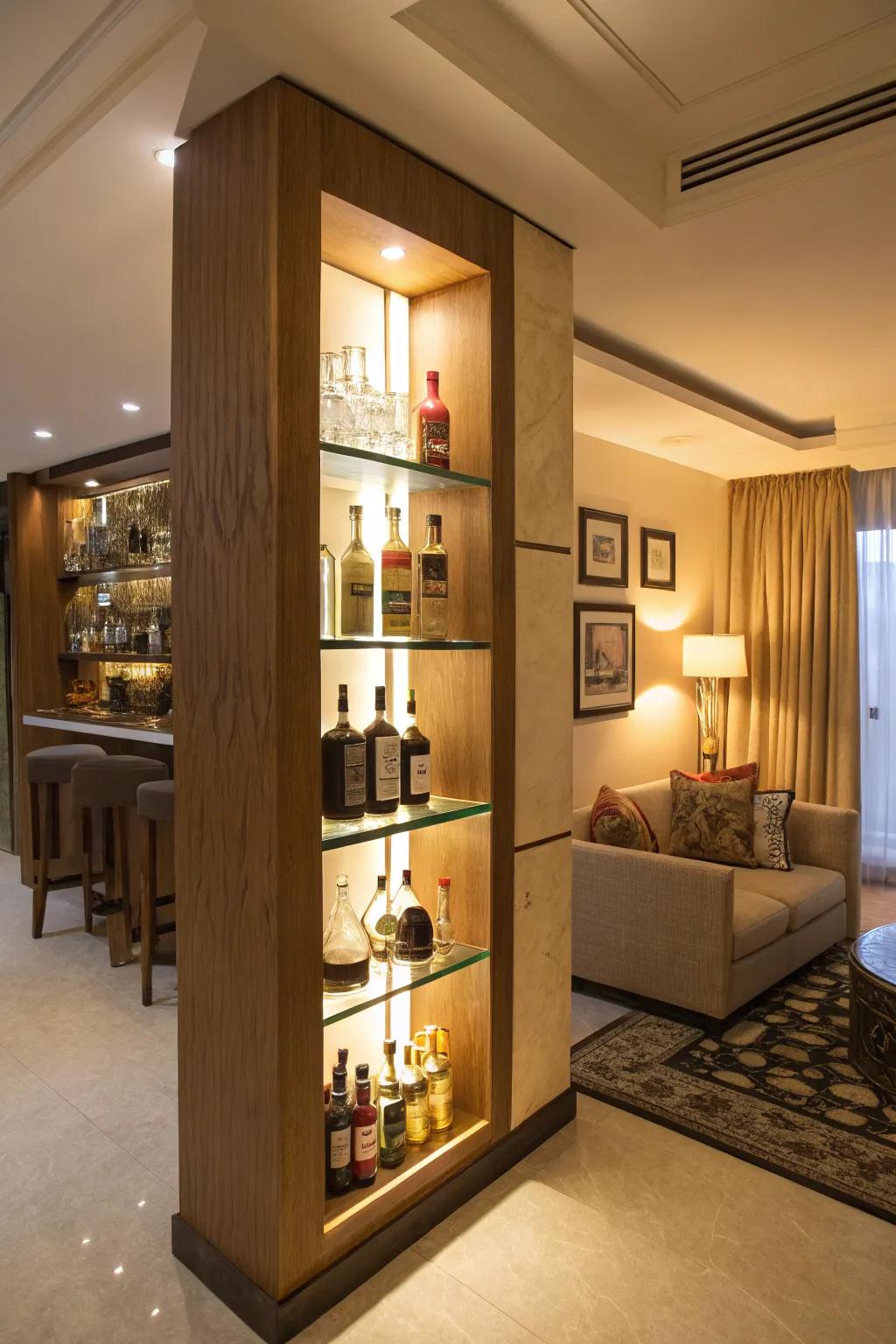 Maximize space with a corner liquor shelf.
