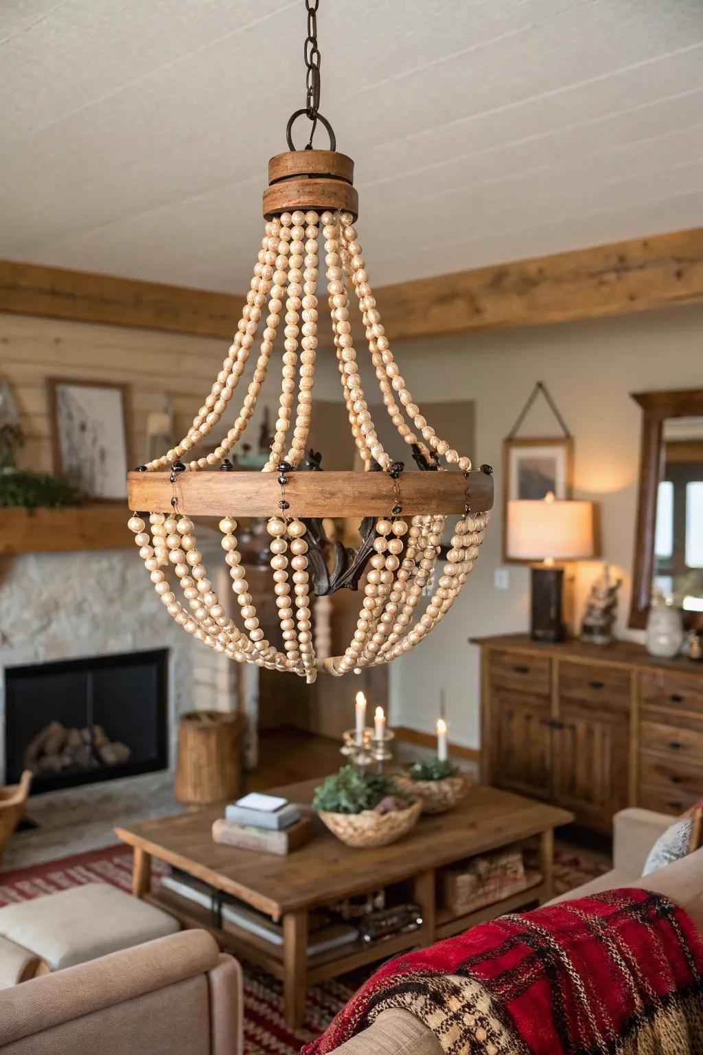 A living room with an overhead light featuring wood beads for a fun touch.