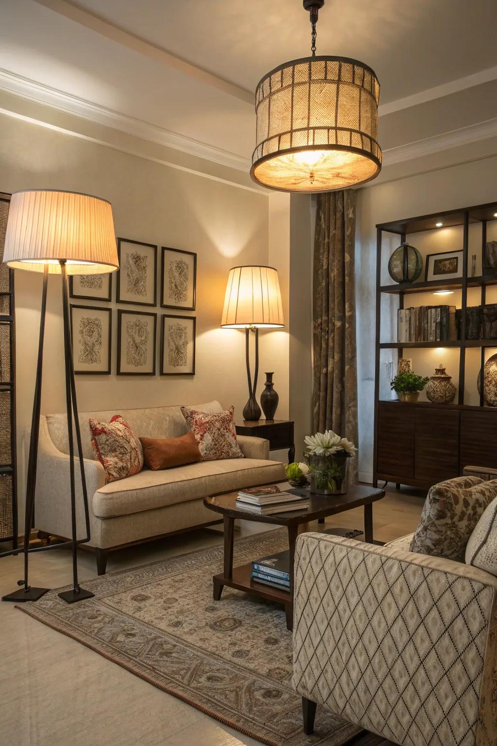 A family room featuring a layered lighting design including standing lamps.