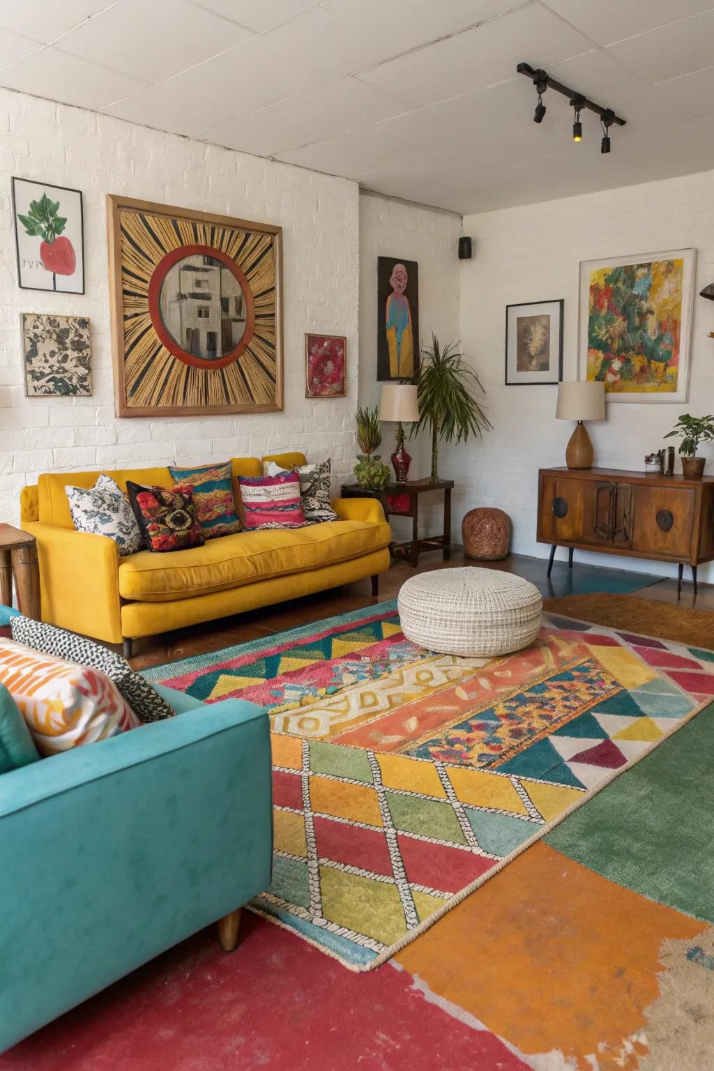 Colorful gravel tints infuse a singular, vibrant touch catering to contemporary family rooms.