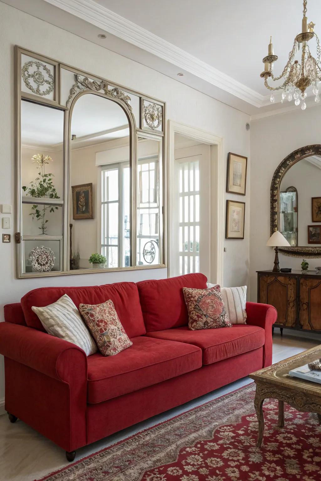 Mirrors and reflective surfaces amplify light and color, enhancing the red sofa's impact.