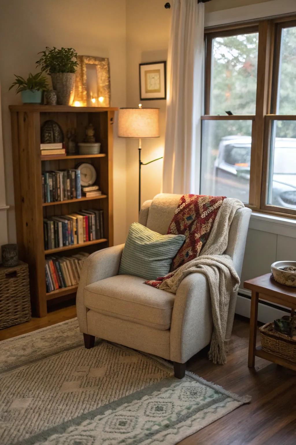 A reading corner in the living space provides a perfect spot for relaxation.