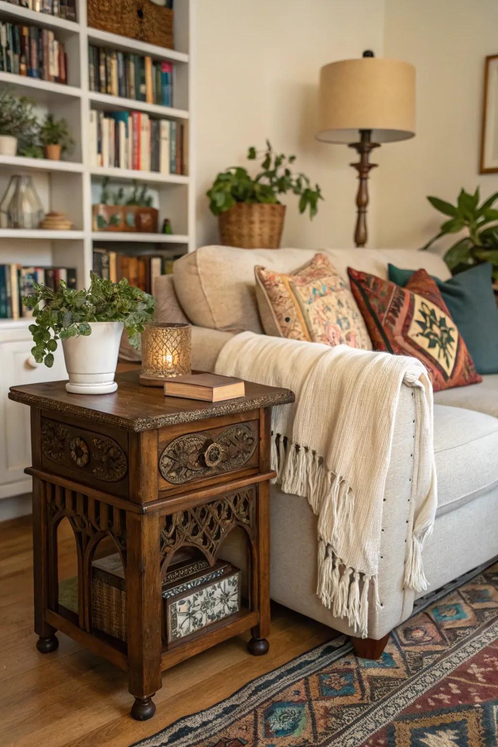 Vintage finds repurposed as side tables radiate character.