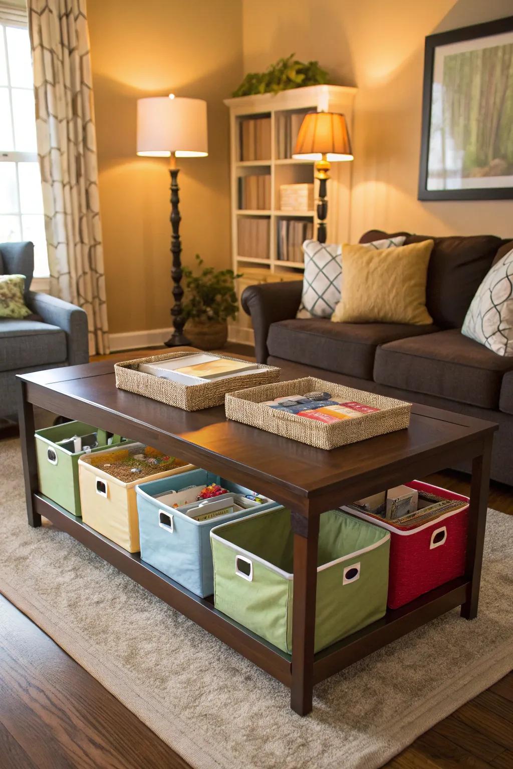 Under-table storage provides discreet toy organization.