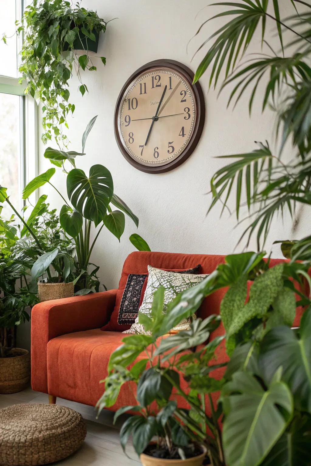 Plants complement the wall clock, infusing the living area with freshness.