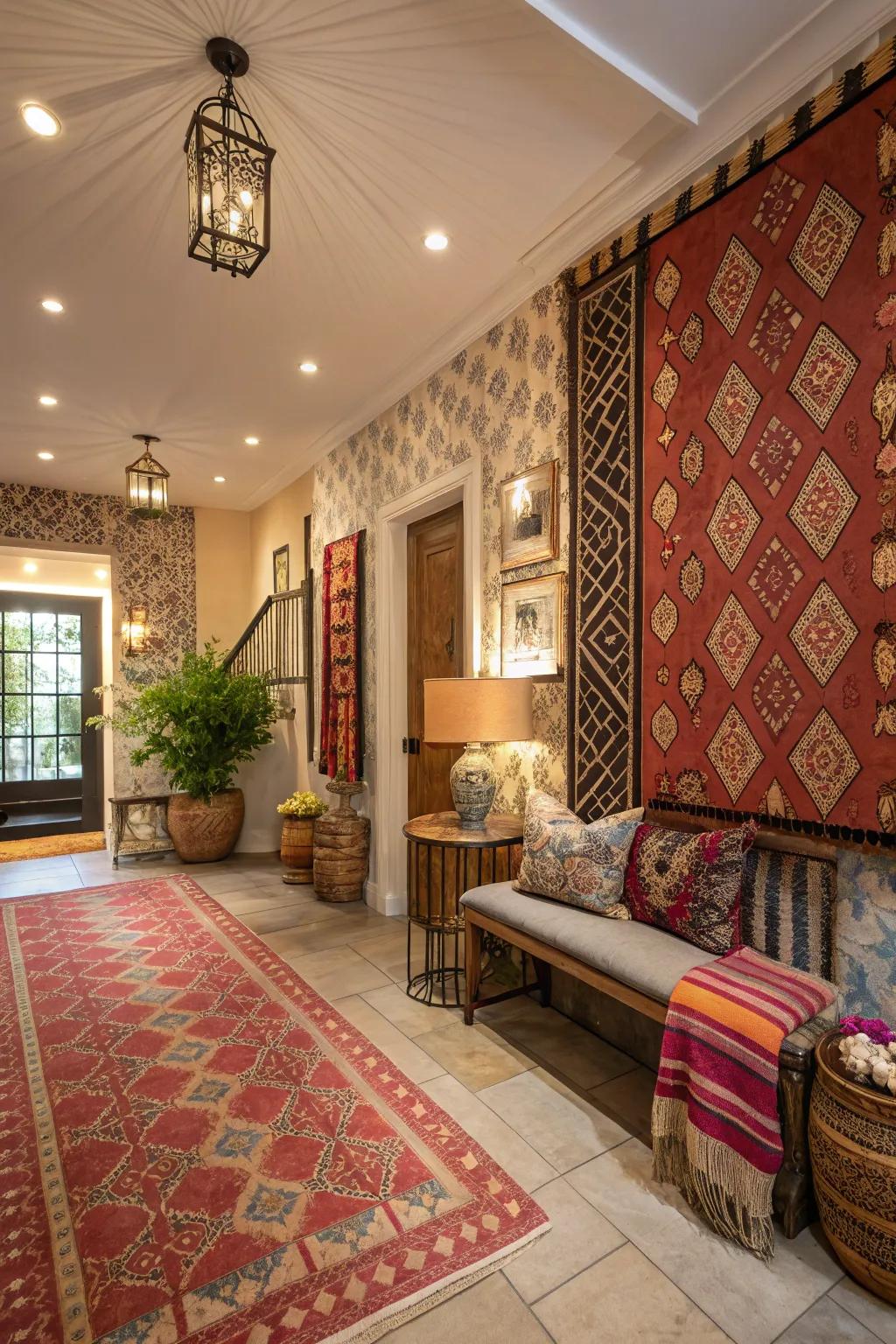 A dynamic lobby with bold patterns