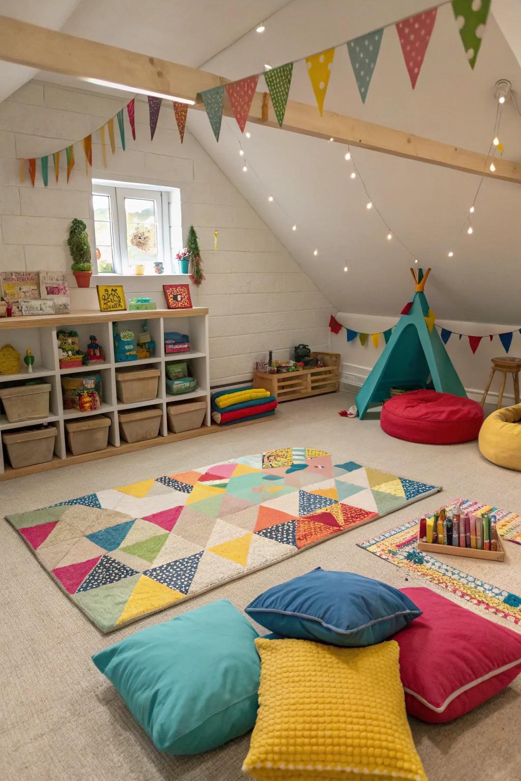 Ground cushions and rugs fashion a snug and inviting amusement area.