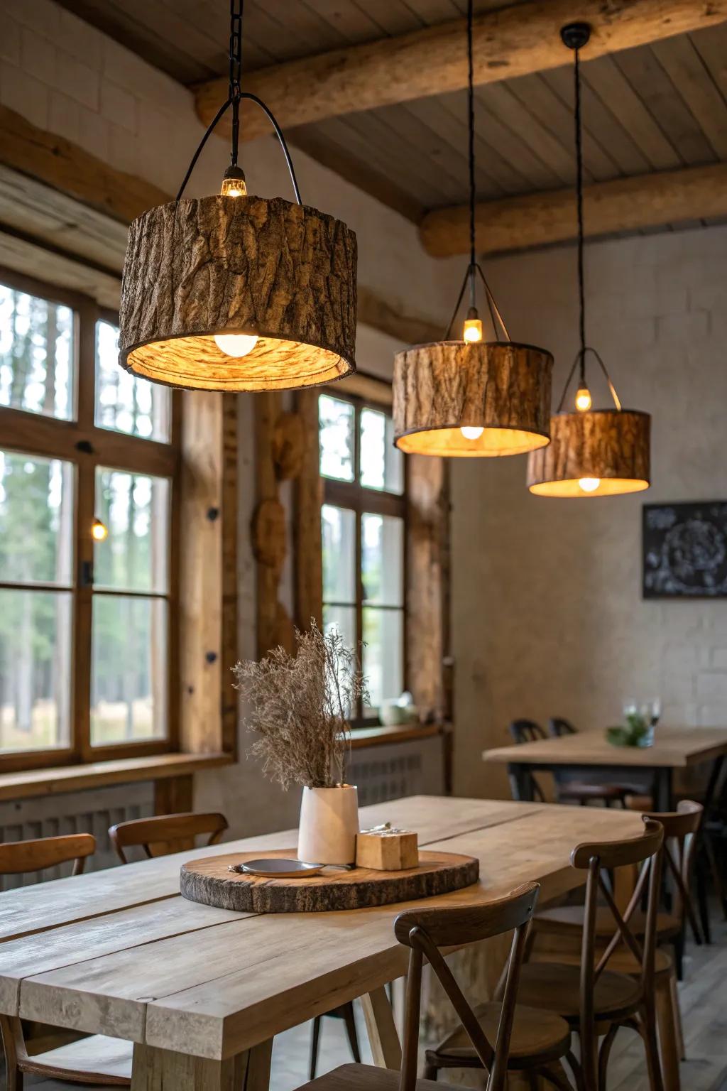 Timber fixtures adding a woodland charm to a dining area.