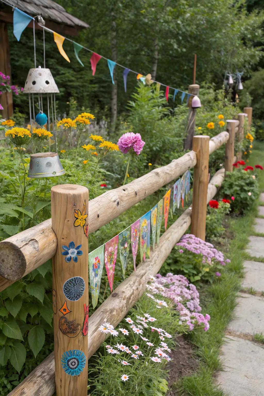 Add artistic flair to transform your log fence into a masterpiece.