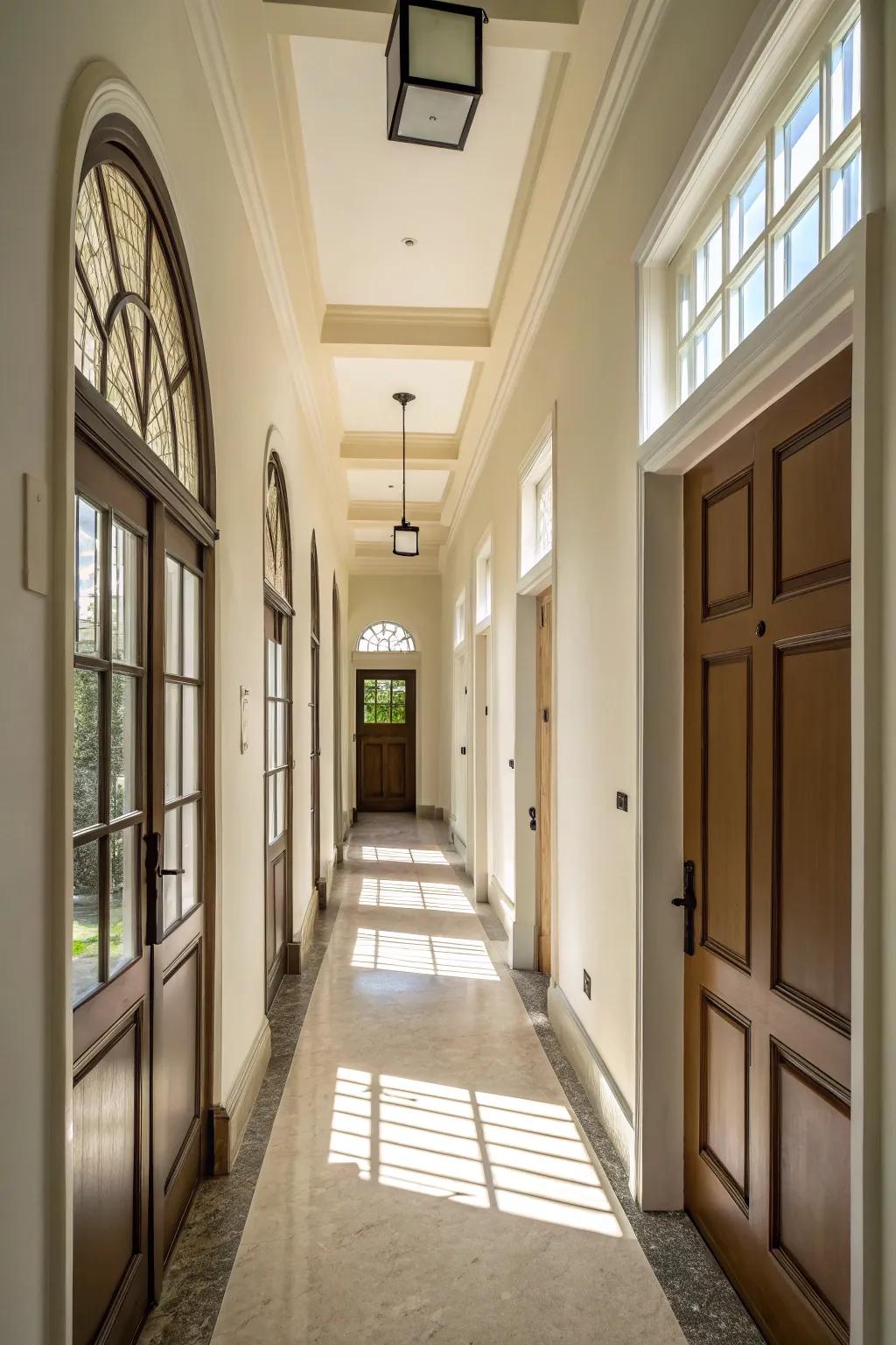 Transom windows contribute architectural appeal and light.