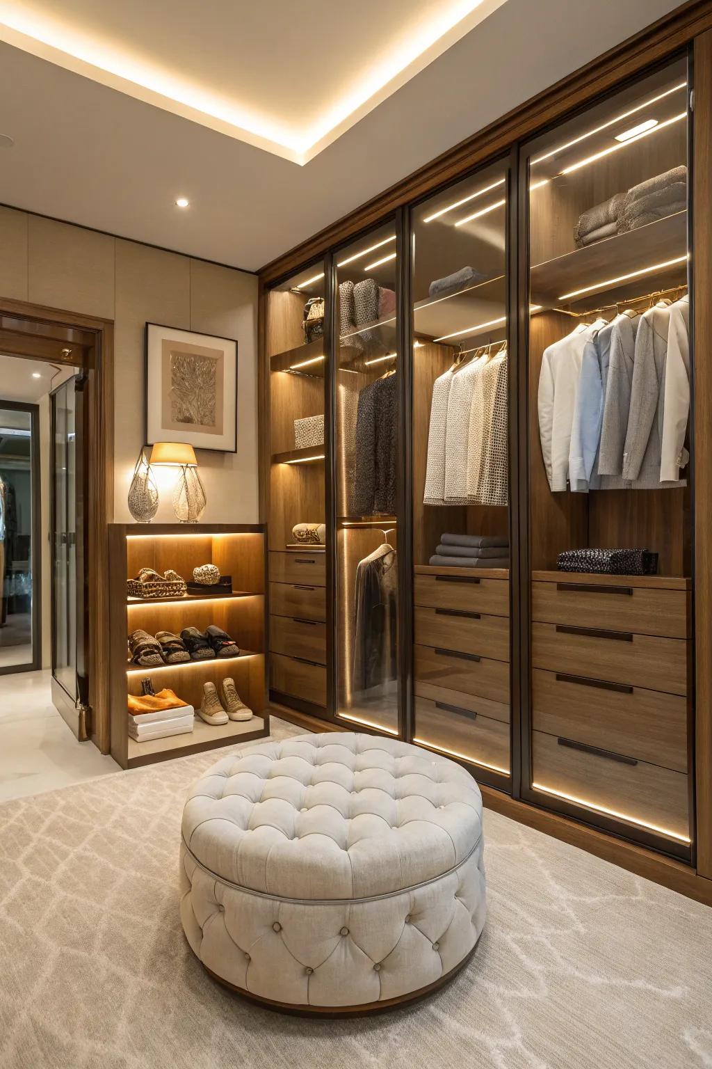 Comfortable lounging creating a relaxing dressing area.