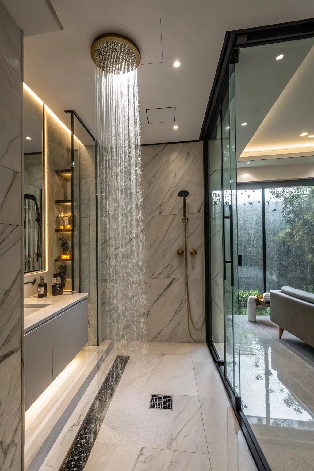 A deluxe bathroom featuring a cascading showerhead.