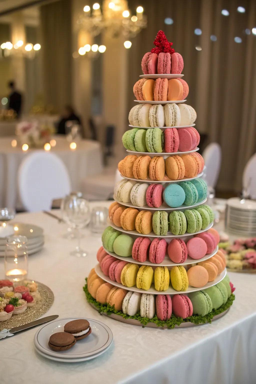 A macaron centerpiece with varying heights and shapes.