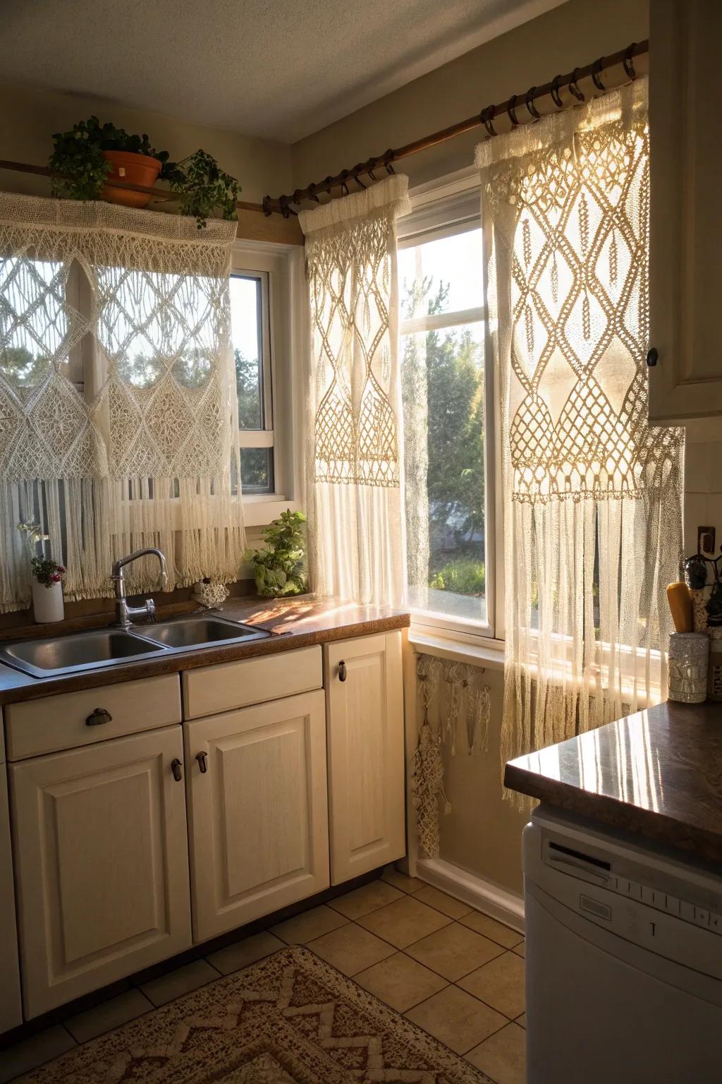 Knotwork window dressings adding creativity to a cooking area.