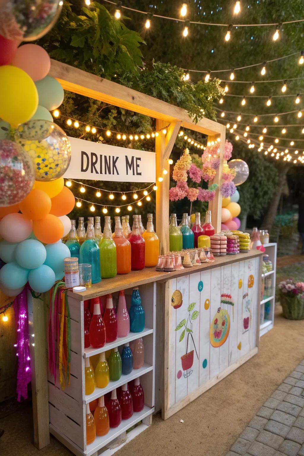 A 'Quench Me' station with vibrant drinks incorporates a playful touch to the party.