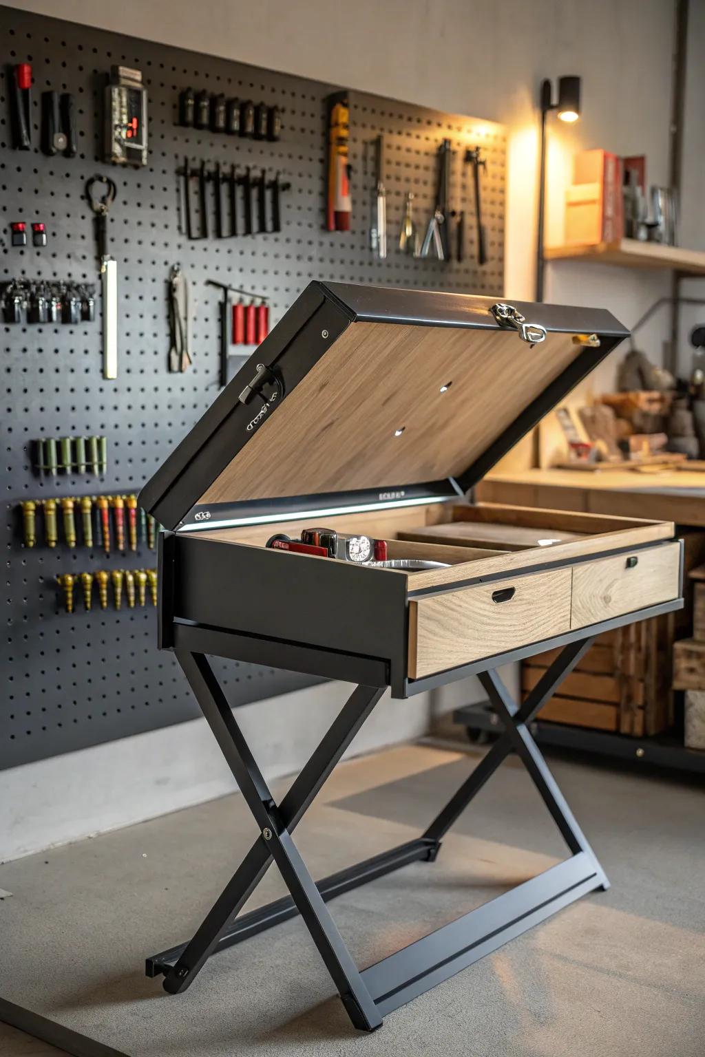 Maximize your area with a fashionable collapsible work surface - ideal for compact workshops.