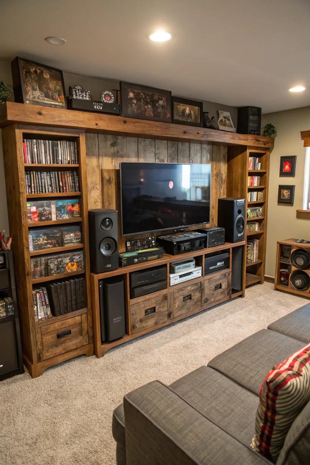 A custom entertainment hub works as a central feature in this man cave.
