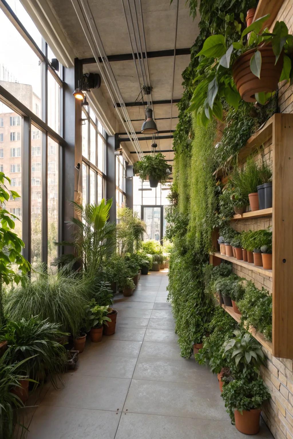 Create a serene escape with a lush loft garden oasis filled with greenery.