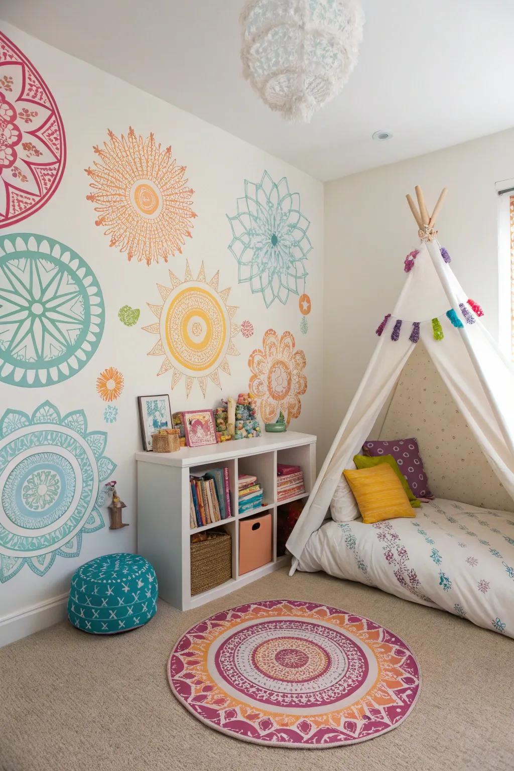 Removable mandala graphics adding playfulness to a kids' room.