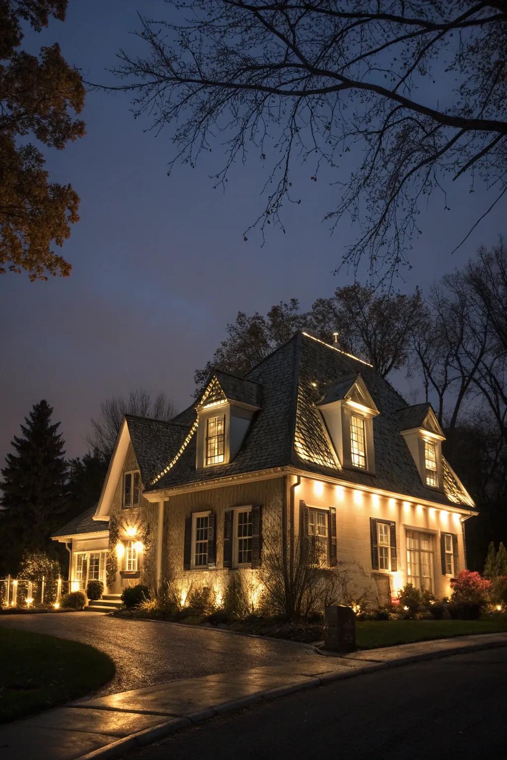 Integrated illumination heightens the splendor of this mansard roof at night.