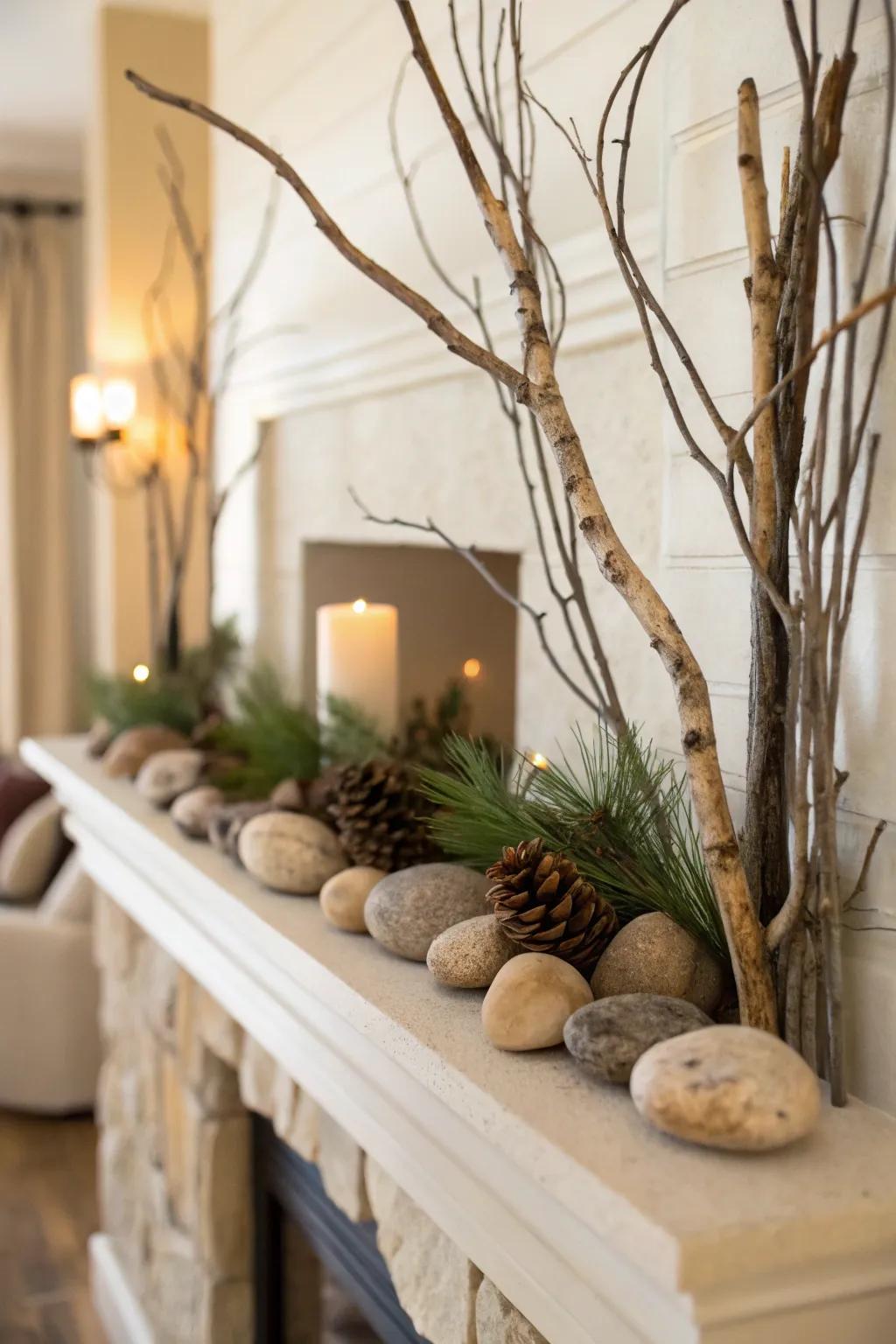Raw accents introduce an earthy and organic vibe to the mantel.