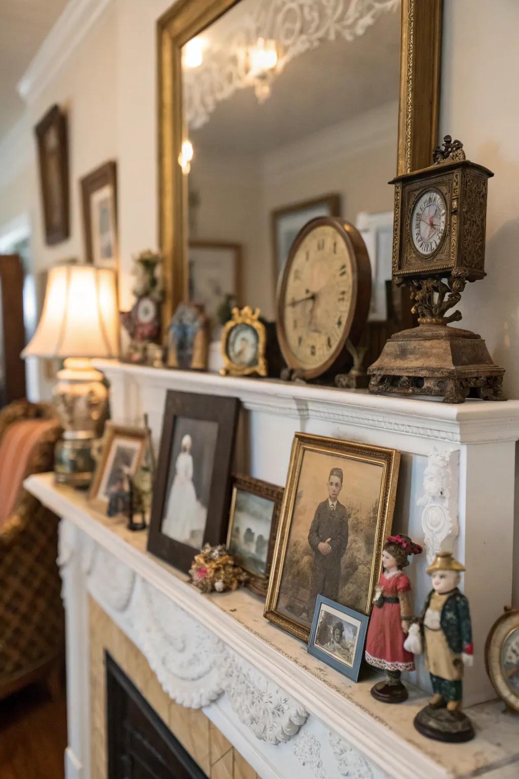 Antiques infuse a mantel with history and elegance.