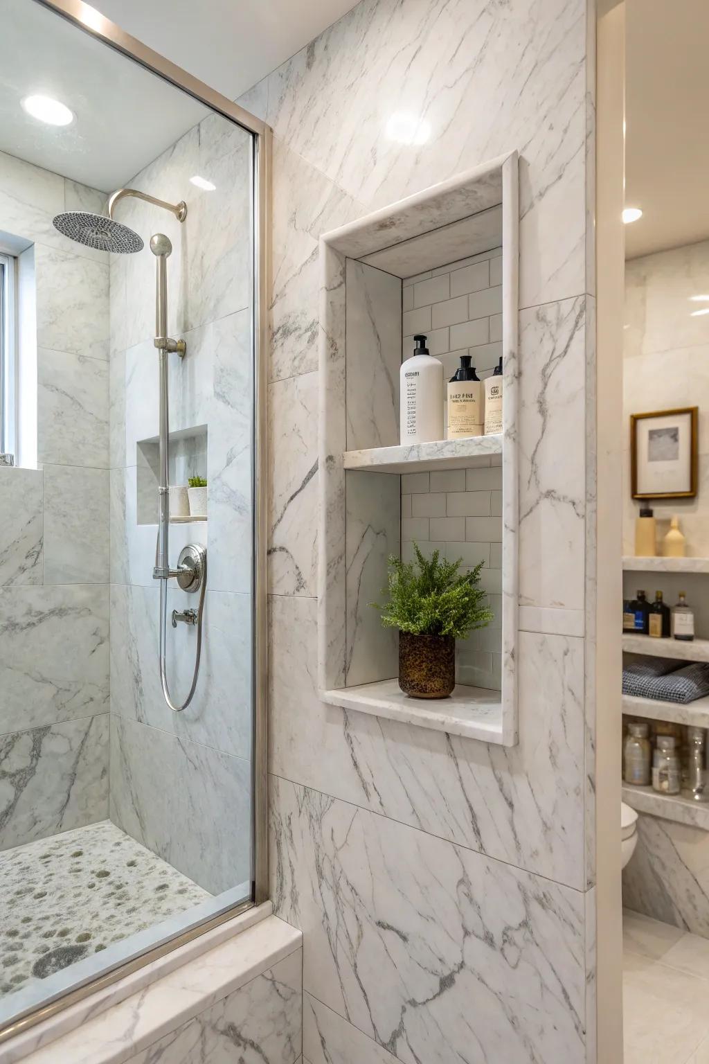 A luxurious stone-style polished stoneware recess adds elegance to the shower area.