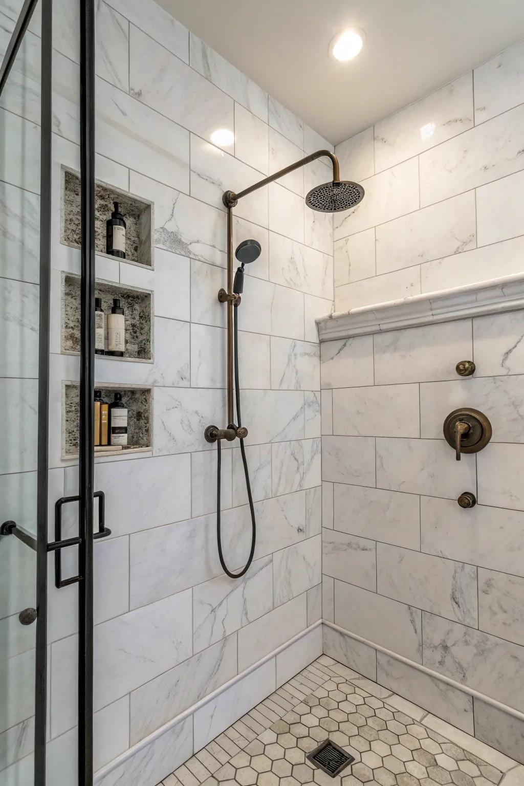 Industrial components append a contemporary sharpness to stone showers.